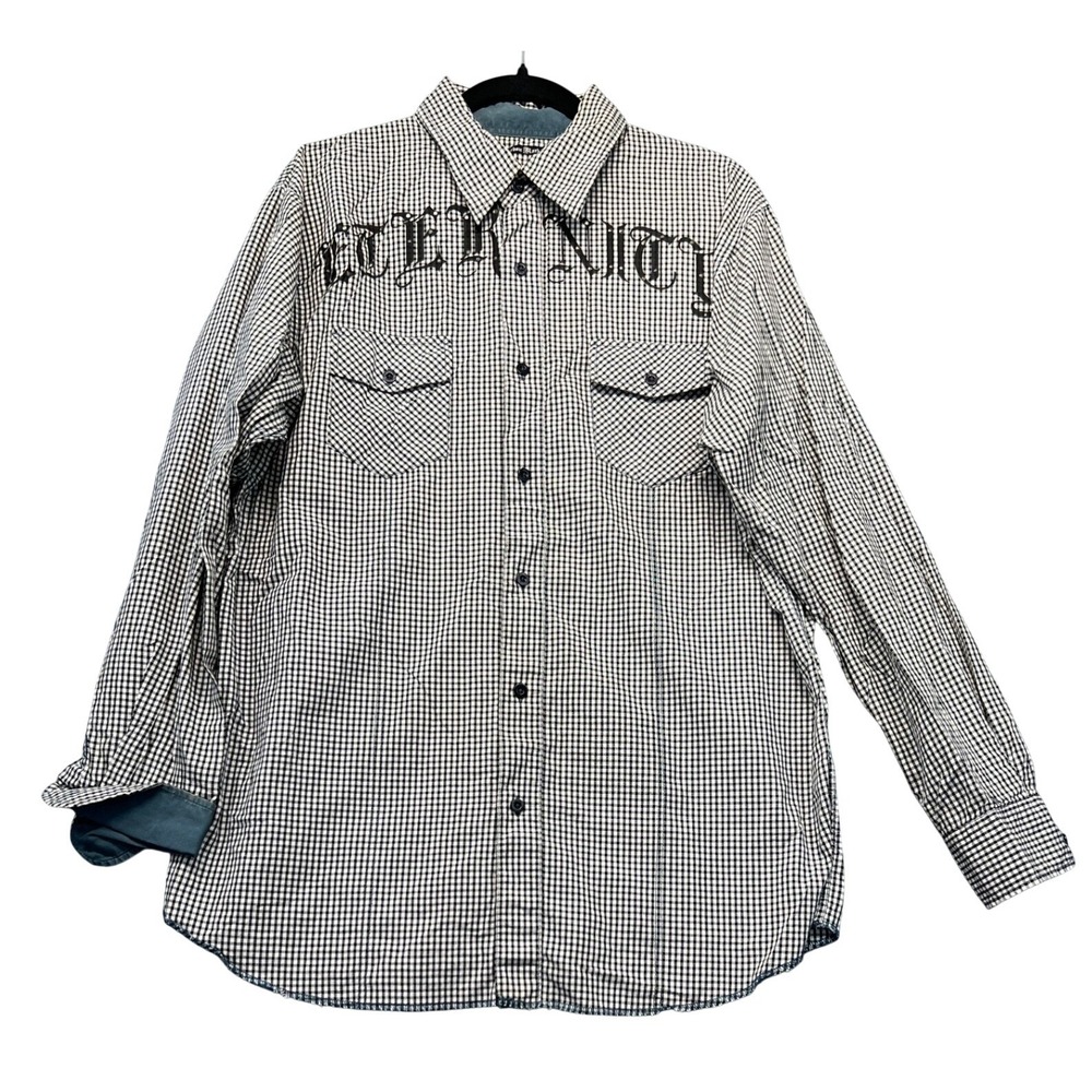 Carbon Black Button Up Shirt Mens XL Black Gingham Eternity Gothic Graphic Good